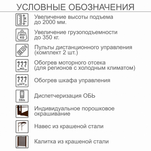 Вертикальный подъемник для инвалидов по ГОСТ ВПМ-01, с увеличением до 2000 мм, с калиткой из каршенной стали, с увеличеной грузоподъемностью до 350кг, с обогревом моторного отсека (для регионов с холодным климатом), с диспетчеризацией ОБЬ, с навесом из кр